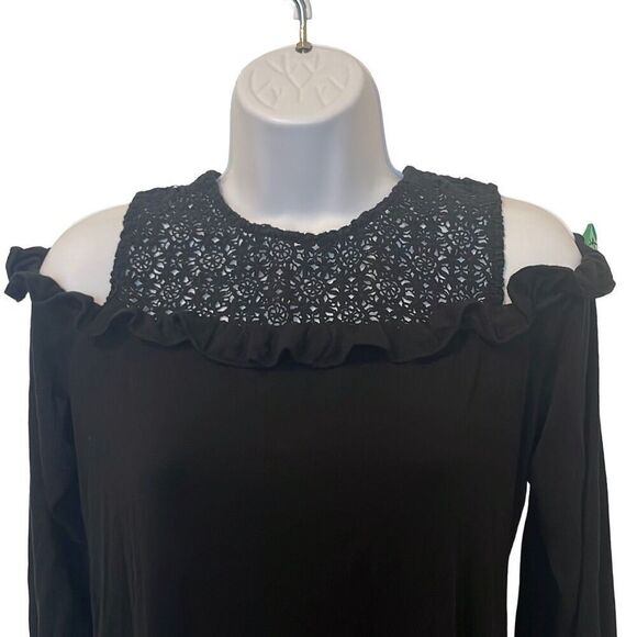 Daniel Rainn Small Black Crochet Cold Shoulder Ruffle Top Boho Whimsigoth  m - Picture 2 of 7